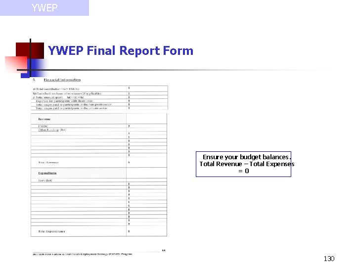 YWEP Final Report Form Ensure your budget balances. Total Revenue – Total Expenses =0