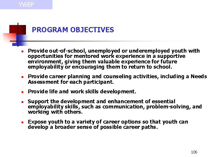 YWEP PROGRAM OBJECTIVES n n n Provide out-of-school, unemployed or underemployed youth with opportunities