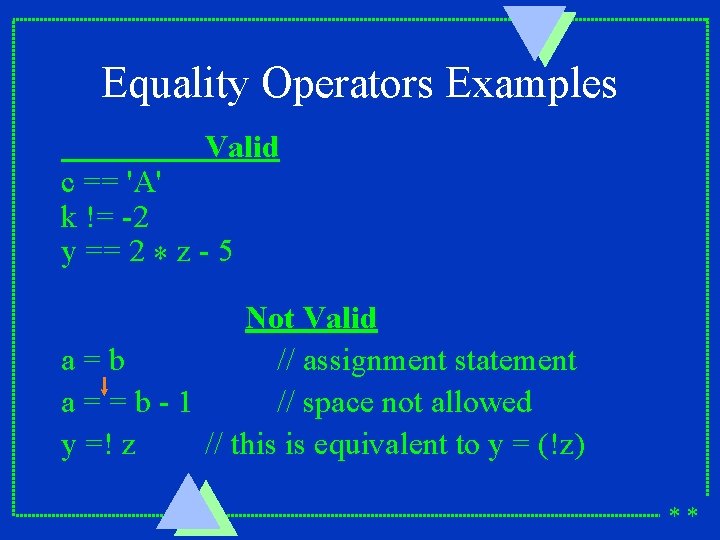 Equality Operators Examples Valid c == 'A' k != -2 y == 2 *