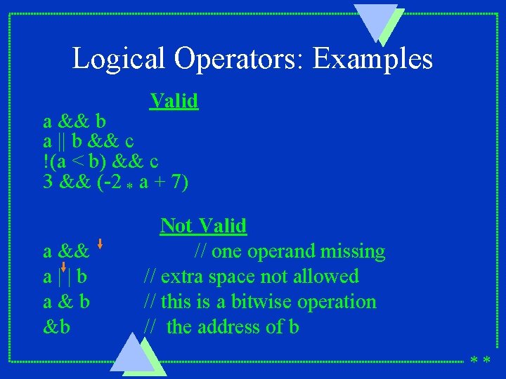 Logical Operators: Examples Valid a && b a || b && c !(a <