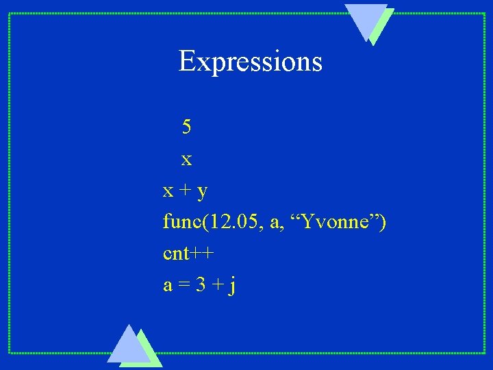 Expressions 5 x x+y func(12. 05, a, “Yvonne”) cnt++ a=3+j 