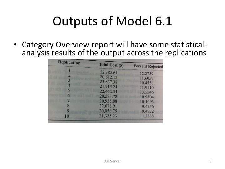 Outputs of Model 6. 1 • Category Overview report will have some statisticalanalysis results