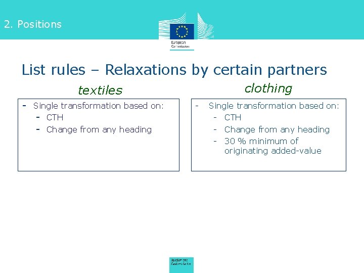 2. Positions List rules – Relaxations by certain partners clothing textiles - Single transformation