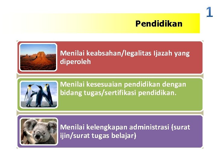 Pendidikan Menilai keabsahan/legalitas Ijazah yang diperoleh Menilai kesesuaian pendidikan dengan bidang tugas/sertifikasi pendidikan. Menilai