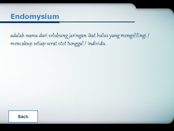 Endomysium adalah nama dari selubung jaringan ikat halus yang mengelilingi / mencakup setiap serat