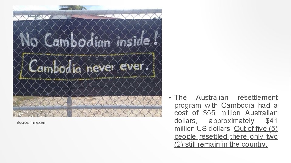  • Source: Time. com The Australian resettlement program with Cambodia had a cost