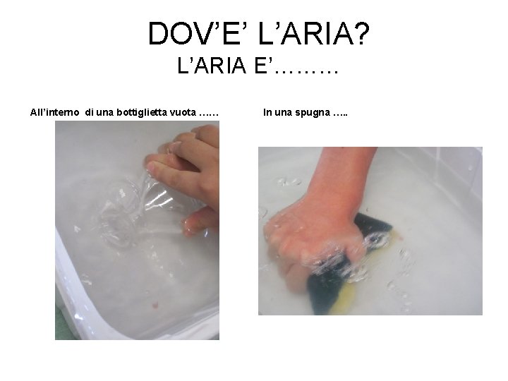 DOV’E’ L’ARIA? L’ARIA E’……… All’interno di una bottiglietta vuota …… In una spugna …. DOV’E’ L’ARIA? L’ARIA E’……… All’interno di una bottiglietta vuota …… In una spugna ….