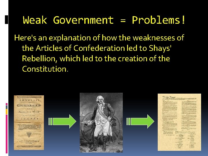 Weak Government = Problems! Here's an explanation of how the weaknesses of the Articles