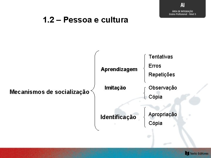 1. 2 – Pessoa e cultura SOCIALIZAÇÃO E CULTURA Tentativas Aprendizagem Mecanismos de socialização 1. 2 – Pessoa e cultura SOCIALIZAÇÃO E CULTURA Tentativas Aprendizagem Mecanismos de socialização