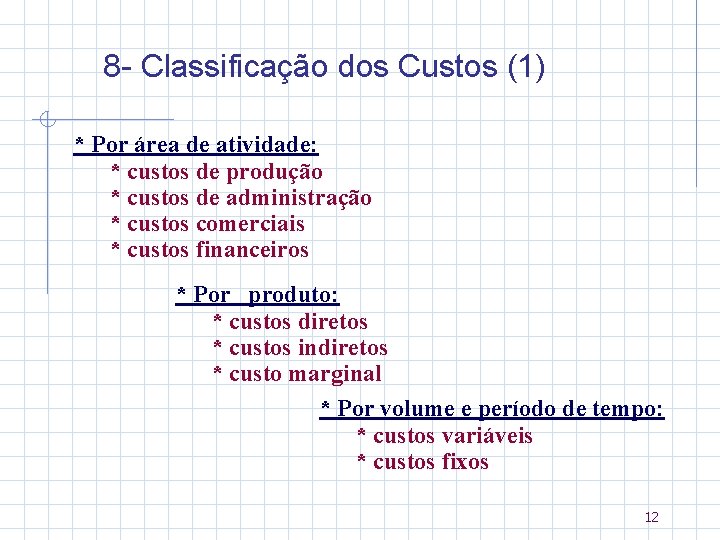 8 - Classificação dos Custos (1) * Por área de atividade: * custos de