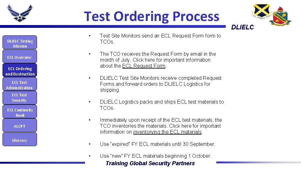 Test Ordering Process DLIELC Testing Mission ECL Overview ECL Ordering and Destruction ECL Test