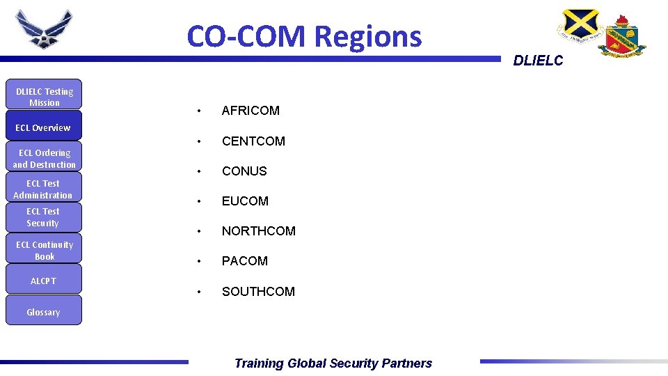 CO-COM Regions DLIELC Testing Mission • AFRICOM • CENTCOM • CONUS • EUCOM •