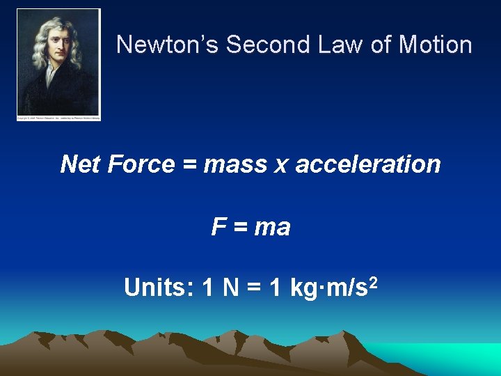 Newton’s Second Law of Motion Net Force = mass x acceleration F = ma