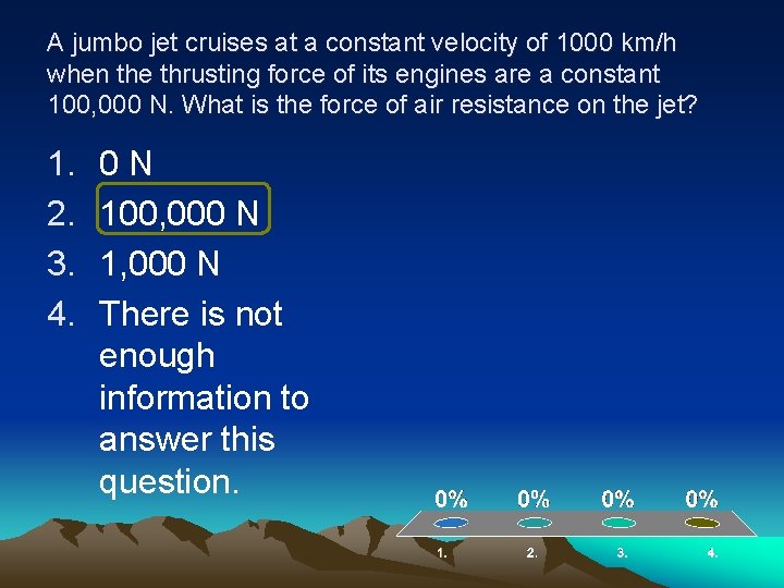 A jumbo jet cruises at a constant velocity of 1000 km/h when the thrusting