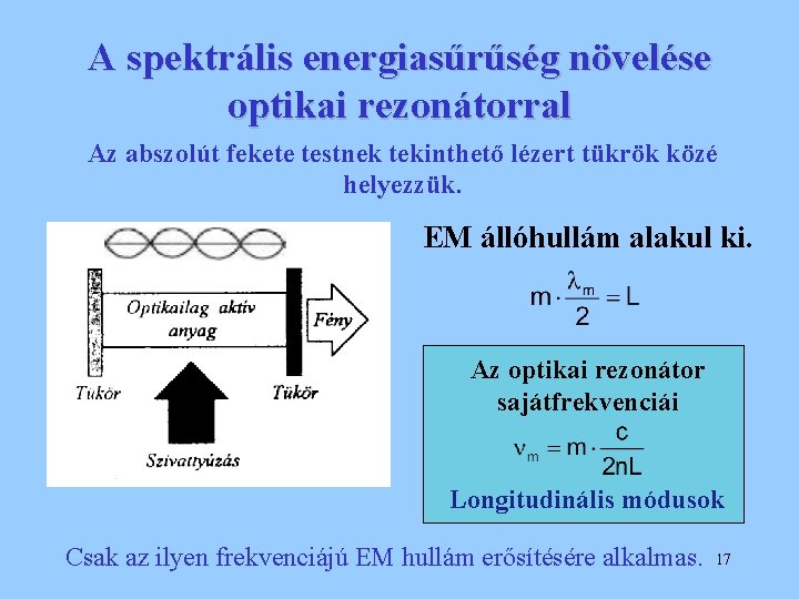 A spektrális energiasűrűség növelése optikai rezonátorral Az abszolút fekete testnek tekinthető lézert tükrök közé