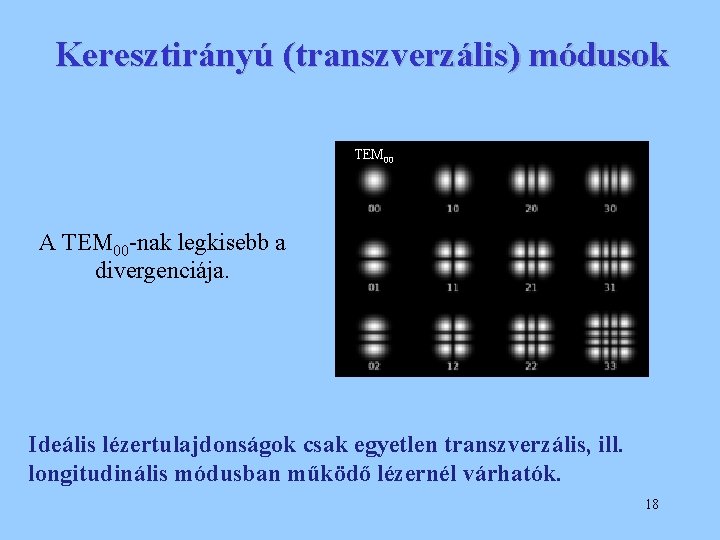 Keresztirányú (transzverzális) módusok TEM 00 A TEM 00 -nak legkisebb a divergenciája. Ideális lézertulajdonságok