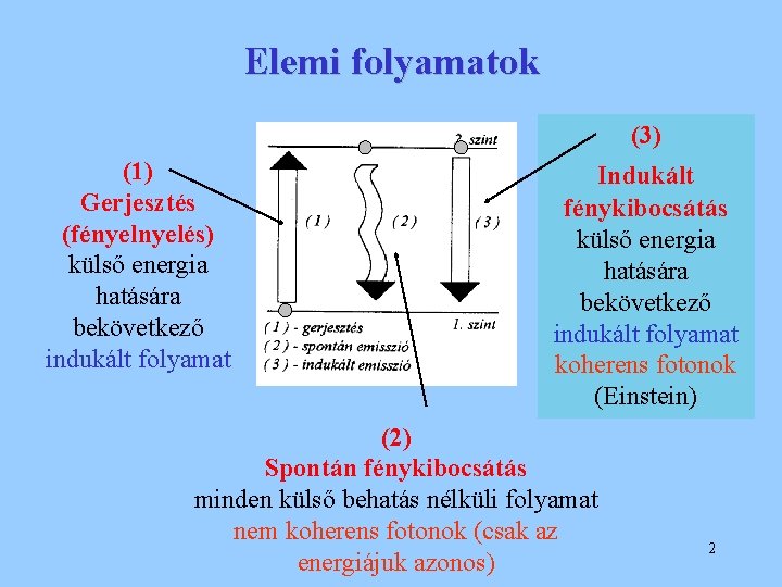 Elemi folyamatok (3) (1) Gerjesztés (fényelés) külső energia hatására bekövetkező indukált folyamat Indukált fénykibocsátás