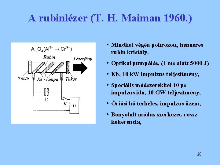 A rubinlézer (T. H. Maiman 1960. ) • Mindkét végén polírozott, hengeres rubin kristály,