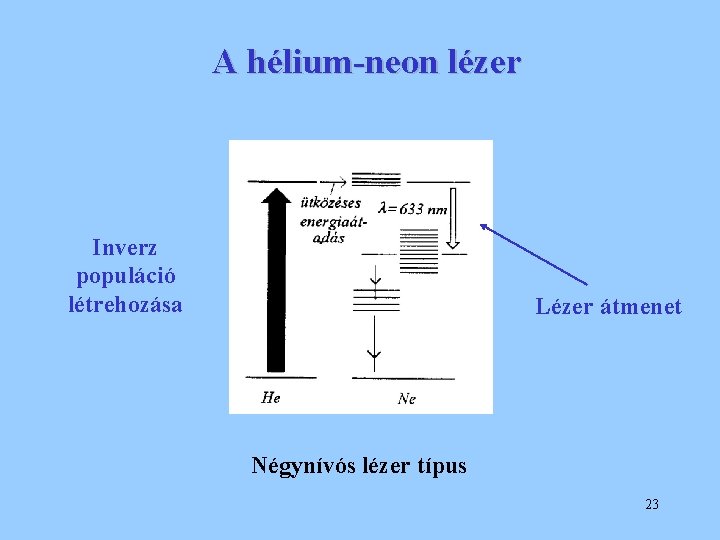 A hélium-neon lézer Inverz populáció létrehozása Lézer átmenet Négynívós lézer típus 23 