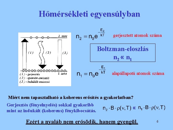 Hőmérsékleti egyensúlyban gerjesztett atomok száma Boltzman-eloszlás n 2 « n 1 alapállapotú atomok száma