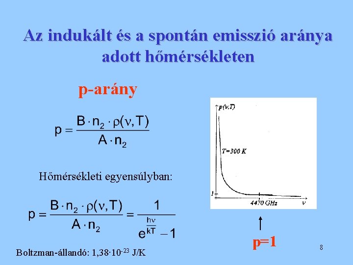 Az indukált és a spontán emisszió aránya adott hőmérsékleten p-arány Hőmérsékleti egyensúlyban: Boltzman-állandó: 1, Az indukált és a spontán emisszió aránya adott hőmérsékleten p-arány Hőmérsékleti egyensúlyban: Boltzman-állandó: 1,