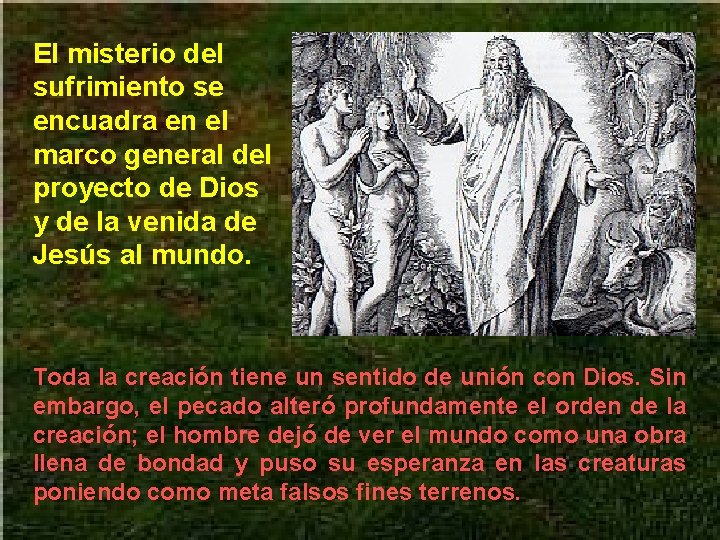 El misterio del sufrimiento se encuadra en el marco general del proyecto de Dios