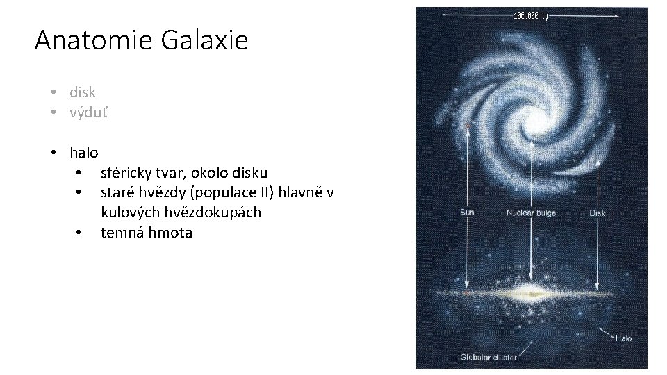 Anatomie Galaxie • disk • výduť • halo • sféricky tvar, okolo disku •