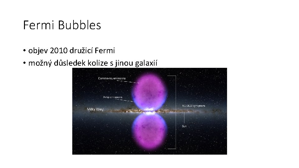 Fermi Bubbles • objev 2010 družicí Fermi • možný důsledek kolize s jinou galaxií