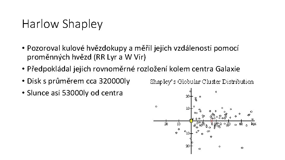 Harlow Shapley • Pozoroval kulové hvězdokupy a měřil jejich vzdálenosti pomocí proměnných hvězd (RR