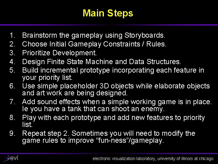 Main Steps 1. 2. 3. 4. 5. 6. 7. 8. 9. Brainstorm the gameplay