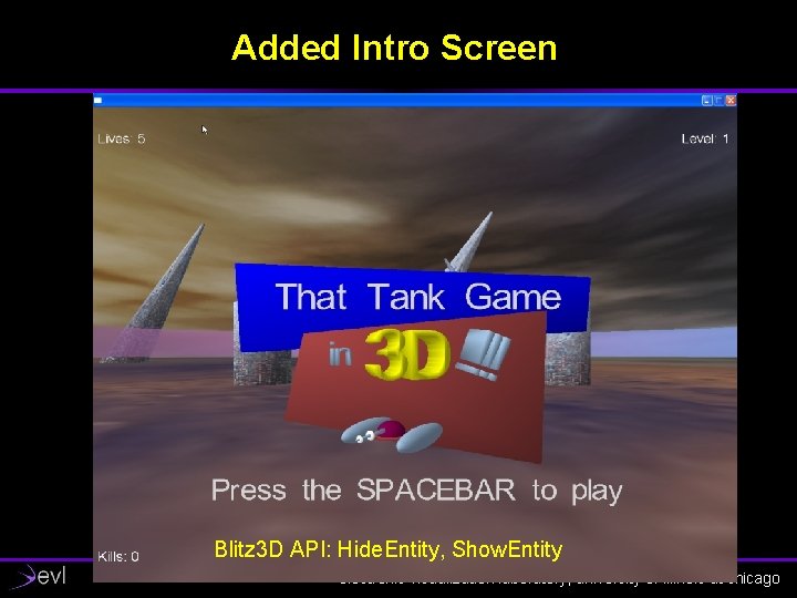 Added Intro Screen Blitz 3 D API: Hide. Entity, Show. Entity electronic visualization laboratory,