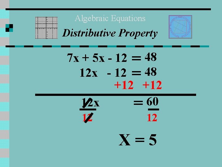 Algebraic Equations Distributive Property 7 x + 5 x - 12 = 48 12