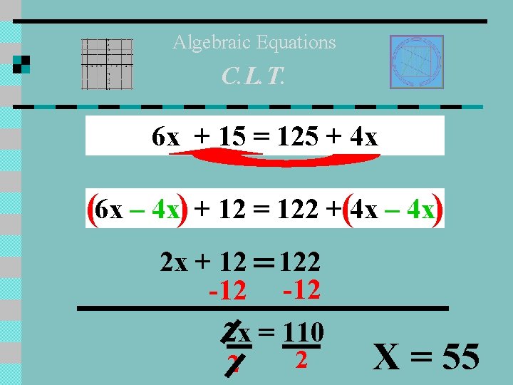 Algebraic Equations C. L. T. 6 x + 15 = 125 + 4 x