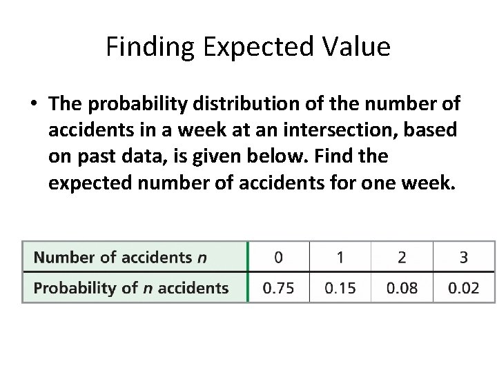 Finding Expected Value • The probability distribution of the number of accidents in a
