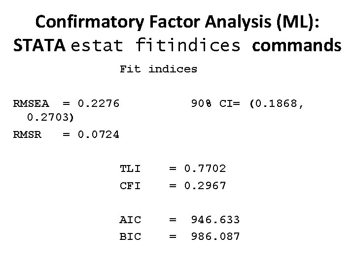 Confirmatory Factor Analysis (ML): STATA estat fitindices commands Fit indices RMSEA = 0. 2276