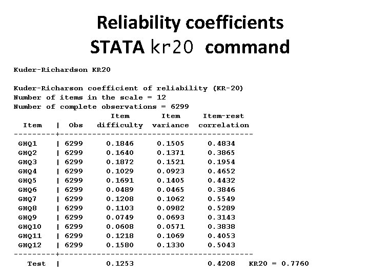 Reliability coefficients STATA kr 20 command Kuder-Richardson KR 20 Kuder-Richarson coefficient of reliability (KR-20)