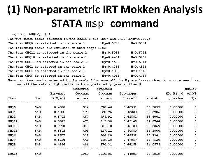 (1) Non-parametric IRT Mokken Analysis STATA msp command. msp GHQ 1 -GHQ 12, c(.