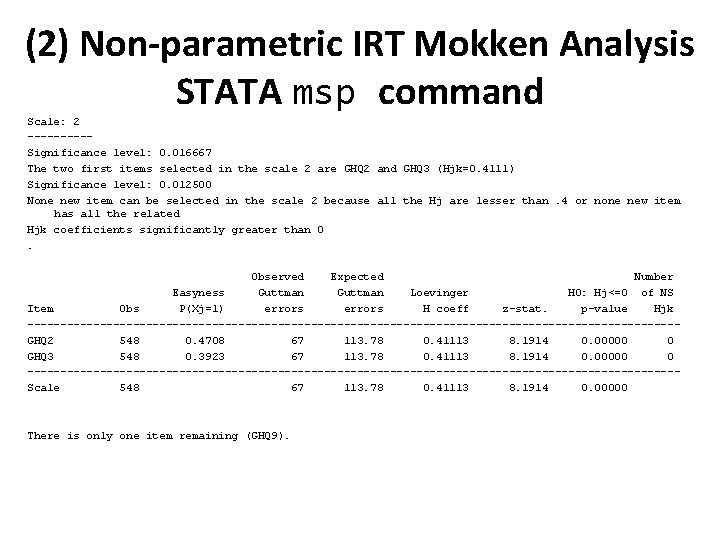 (2) Non-parametric IRT Mokken Analysis STATA msp command Scale: 2 -----Significance level: 0. 016667
