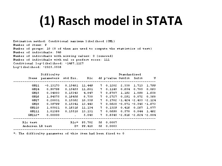 (1) Rasch model in STATA Estimation method: Conditional maximum likelihood (CML) Number of items: