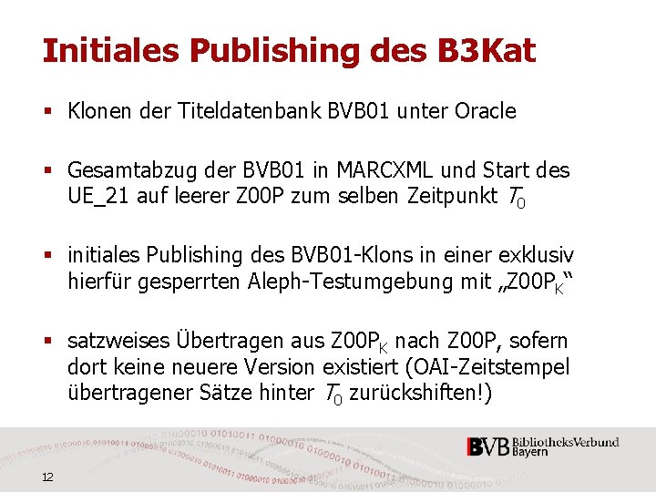 Initiales Publishing des B 3 Kat § Klonen der Titeldatenbank BVB 01 unter Oracle
