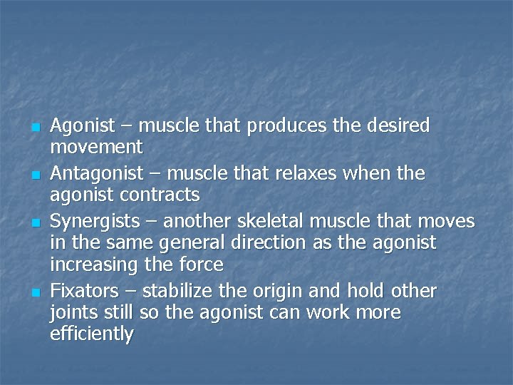 n n Agonist – muscle that produces the desired movement Antagonist – muscle that