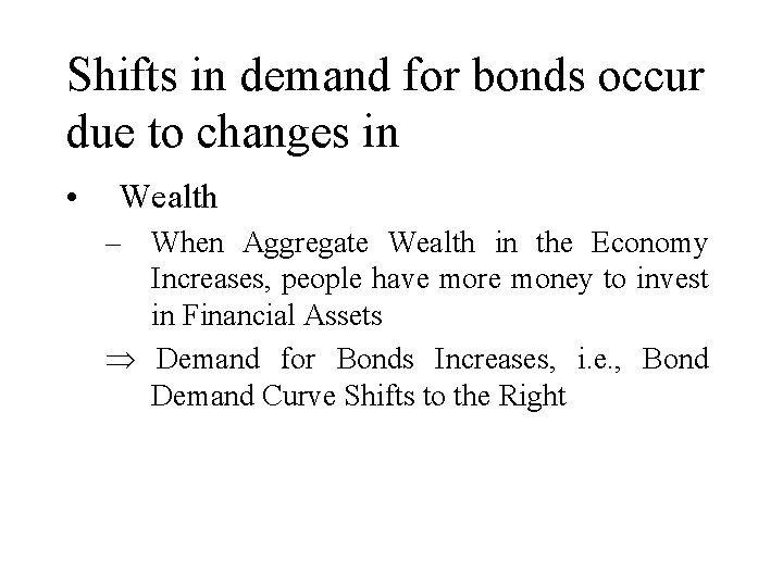 Shifts in demand for bonds occur due to changes in • Wealth – When