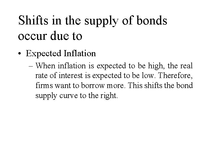 Shifts in the supply of bonds occur due to • Expected Inflation – When