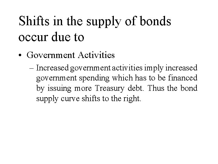 Shifts in the supply of bonds occur due to • Government Activities – Increased