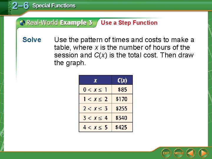 Use a Step Function Solve Use the pattern of times and costs to make Use a Step Function Solve Use the pattern of times and costs to make