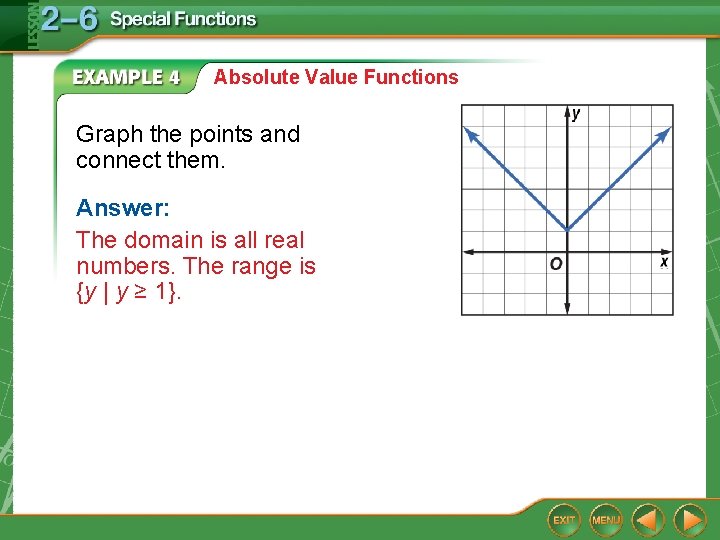 Absolute Value Functions Graph the points and connect them. Answer: The domain is all Absolute Value Functions Graph the points and connect them. Answer: The domain is all