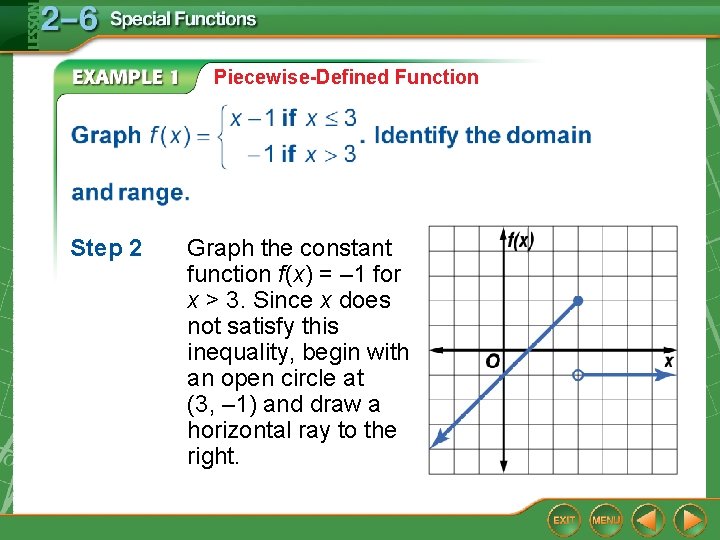 Piecewise-Defined Function Step 2 Graph the constant function f(x) = – 1 for x Piecewise-Defined Function Step 2 Graph the constant function f(x) = – 1 for x