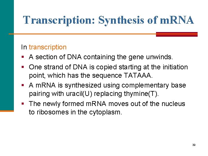 Transcription: Synthesis of m. RNA In transcription § A section of DNA containing the