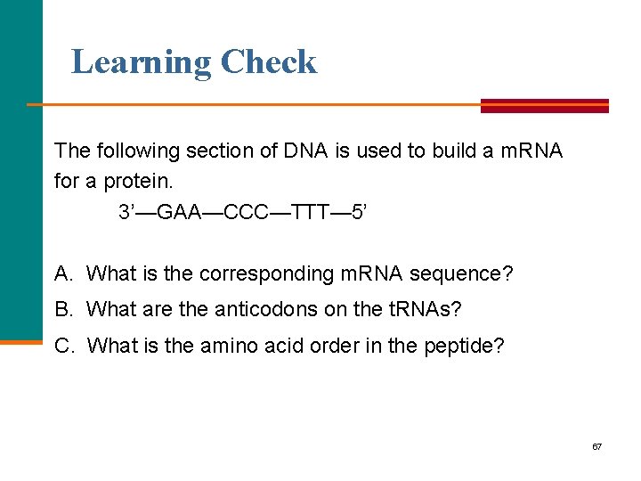 Learning Check The following section of DNA is used to build a m. RNA