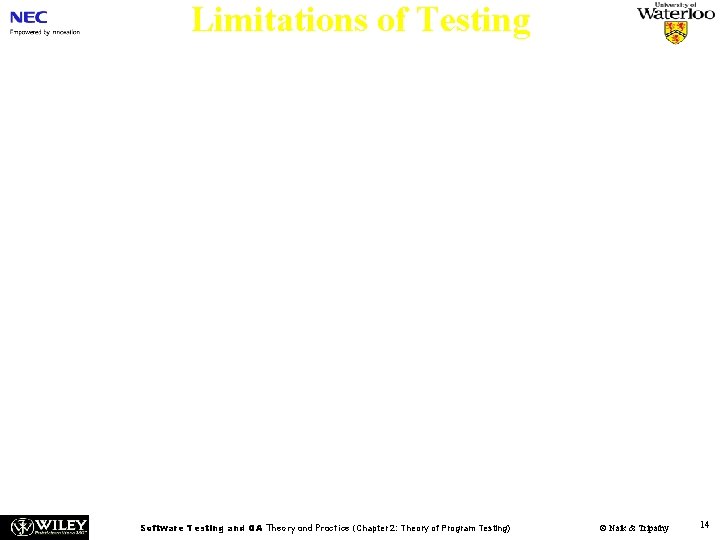 Limitations of Testing n Dijkstra’s famous observation – Testing can reveal the presence of